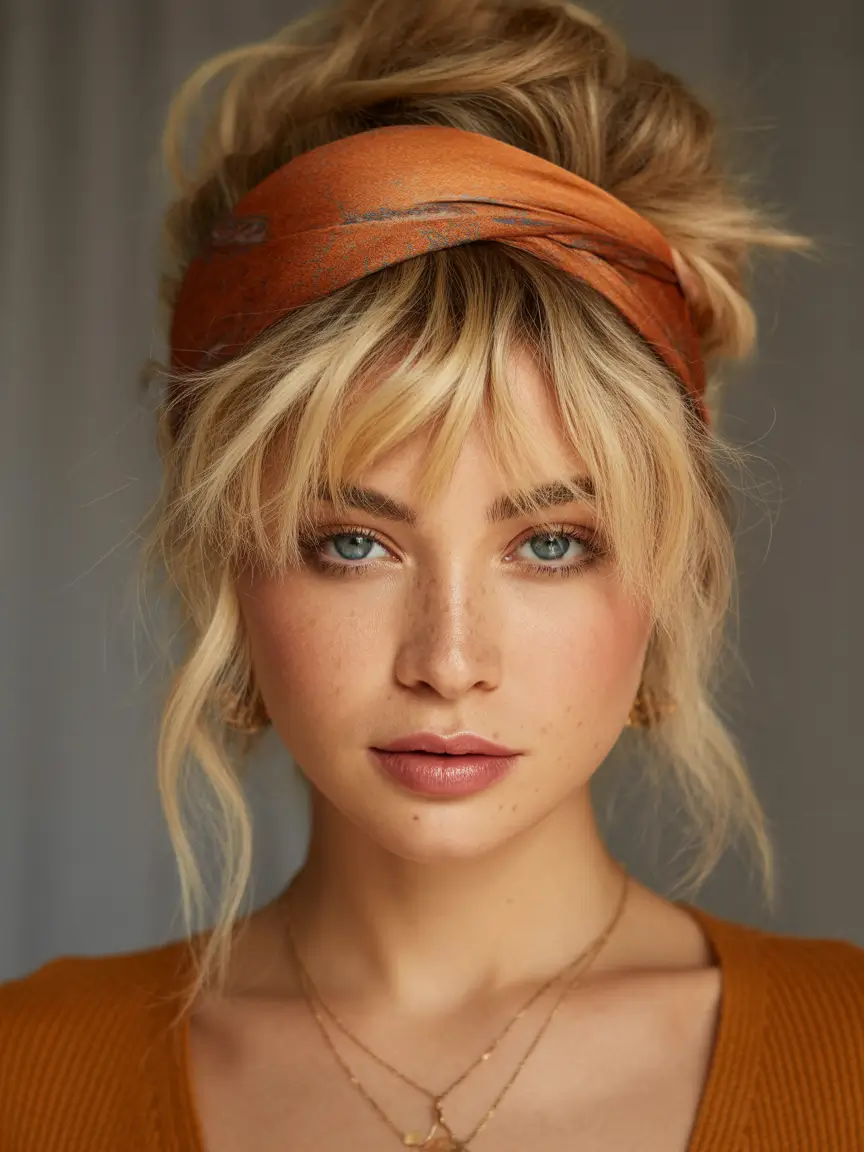 easy fall hairstyles Messy Headband Bun with Bangs