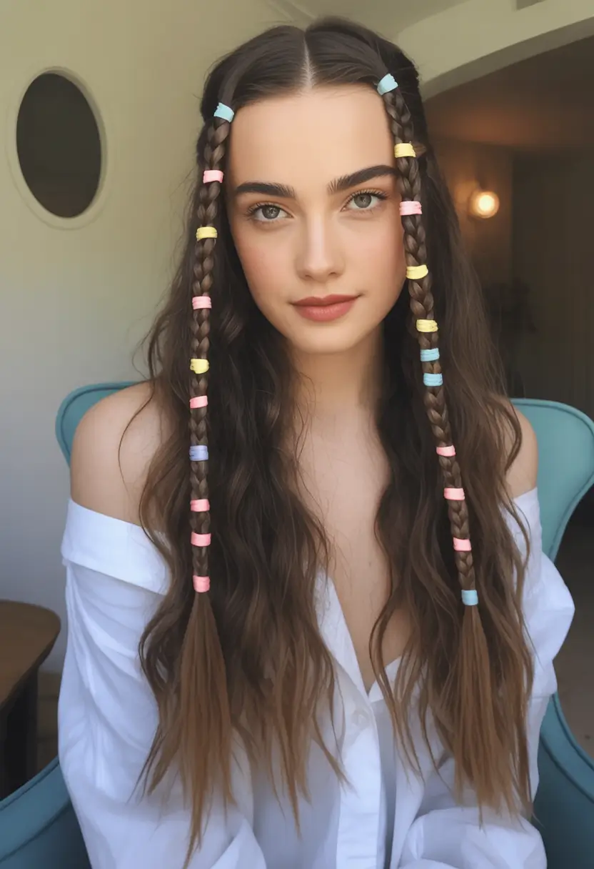 easy fall hairstyles Playful Braids With Rainbow Hair Ties