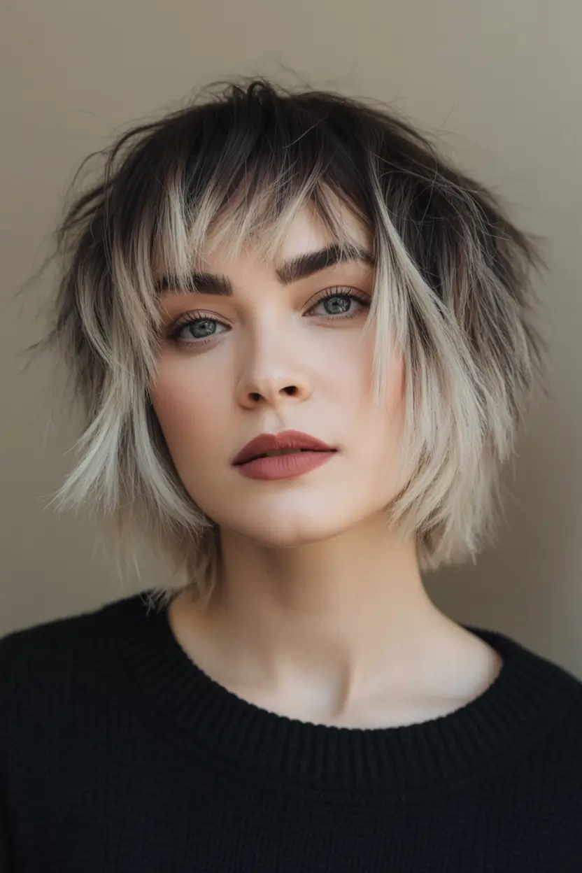 Fall bob haircut Textured Ice Blonde with Root Shadow Drama
