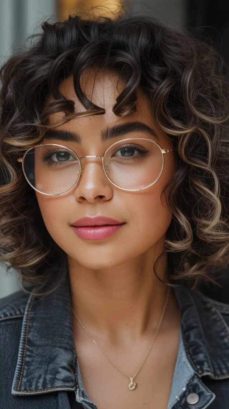 Fall bob haircut Curly Shag Bob with Golden Ribbon Highlights