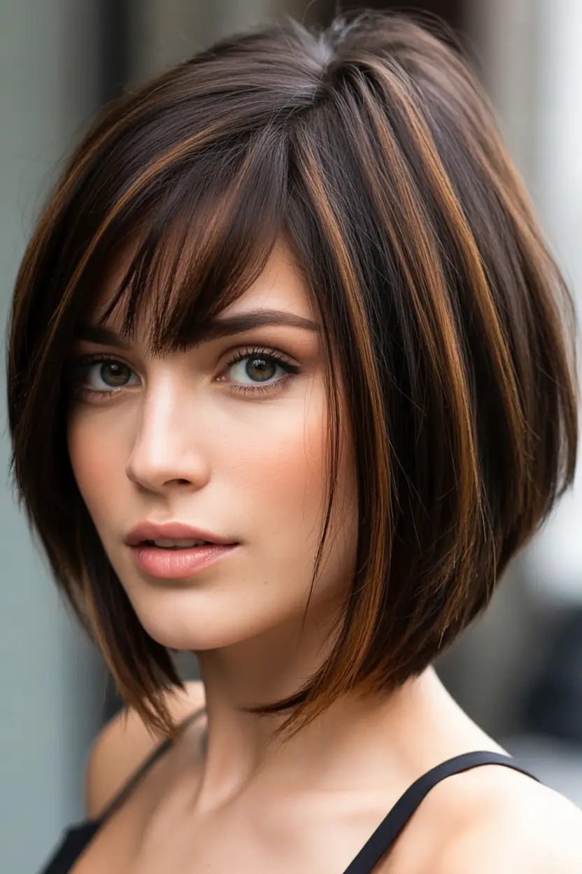 Fall bob haircut Layered Brunette Bob with Caramel Ribbons