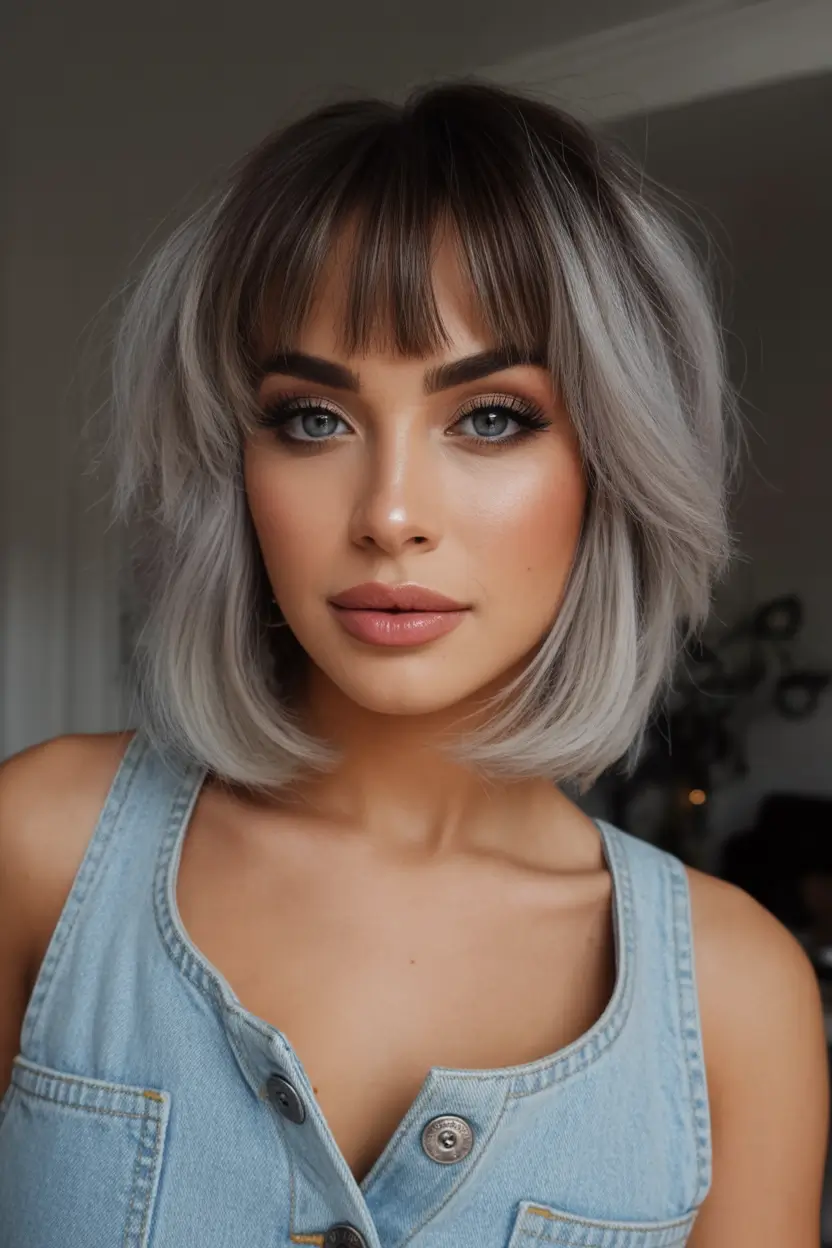 Fall bob haircut Silver Mushroom Bob with Wispy Fringe