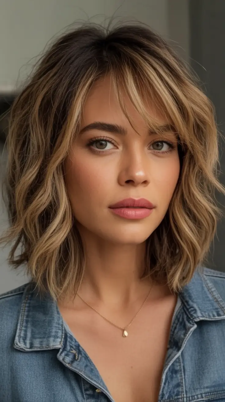 Fall bob haircut Golden Bronde Wavy Bob with Airy Bangs