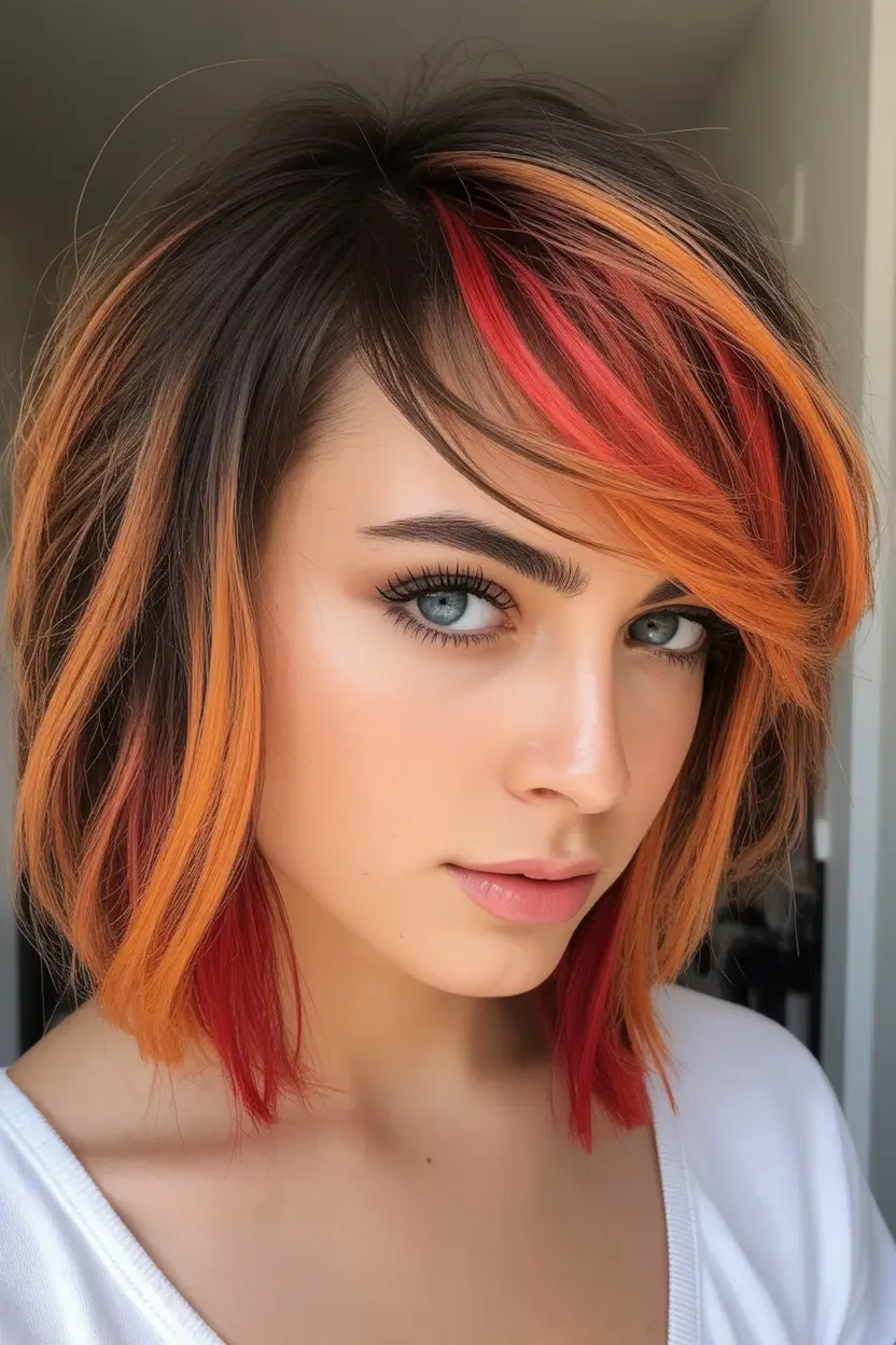 Fall bob haircut Fiery Peekaboo Bob with Crimson & Orange Panels
