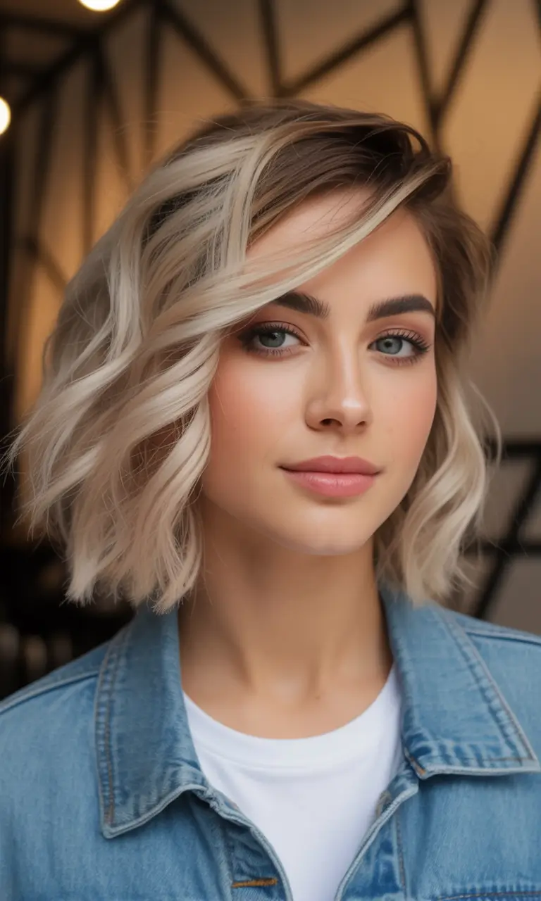 Fall bob haircut Wavy Cream Blonde Bob with Side Part