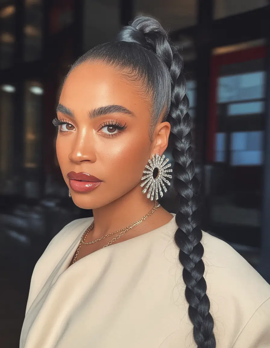 Fall braids hairstyle Glossy Sleek Braid with Statement Shine