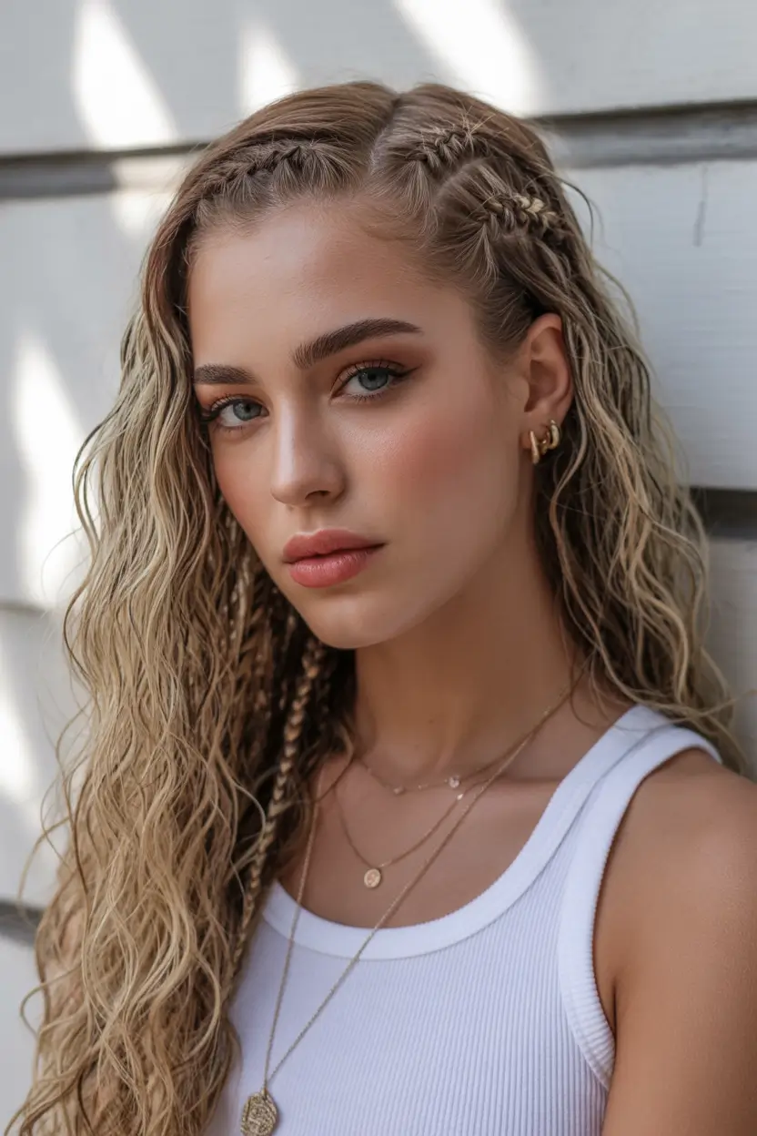 Fall braids hairstyle Mini Accent Braids with Wet-Look Waves