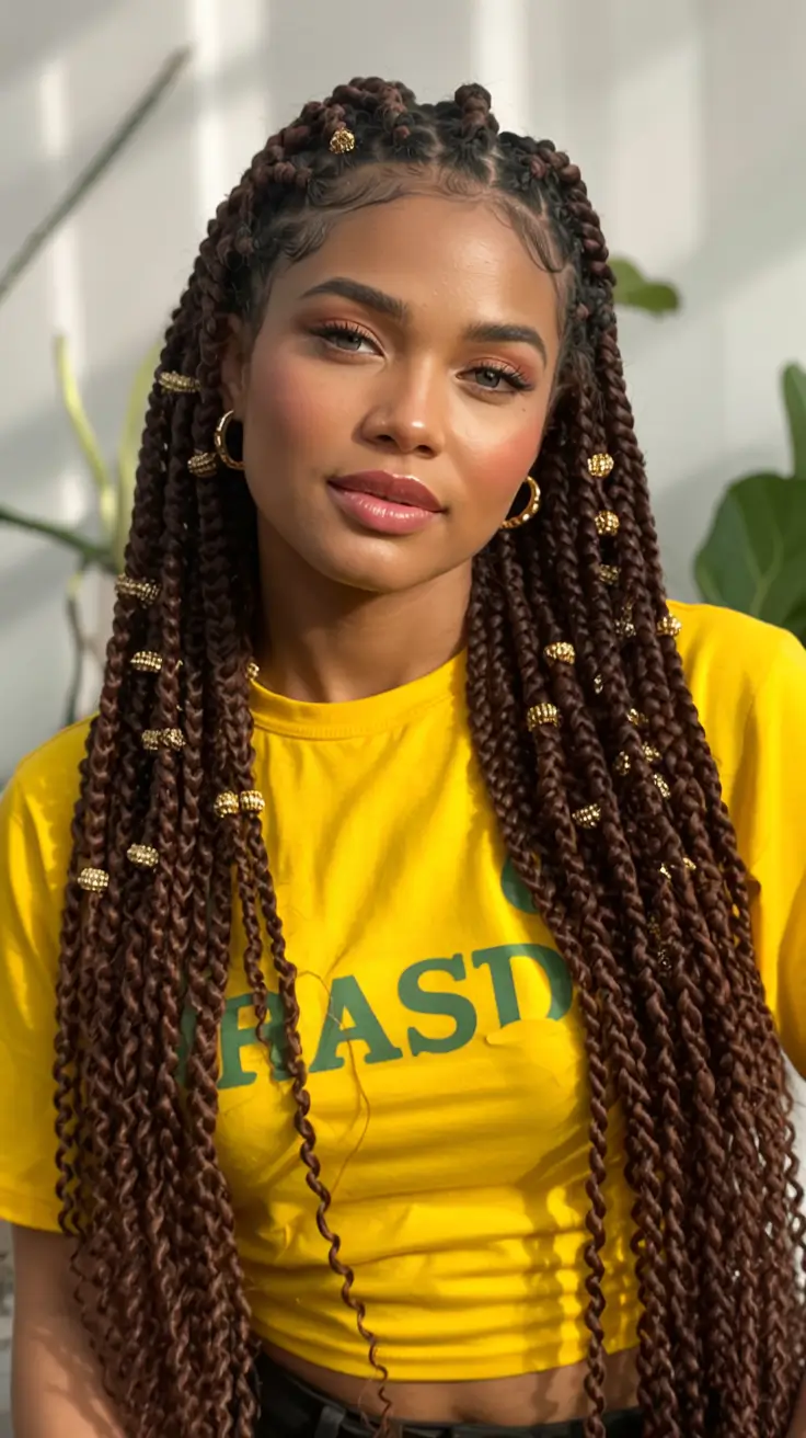 Fall braids hairstyle Golden Beaded Coco Twists with Defined Shine