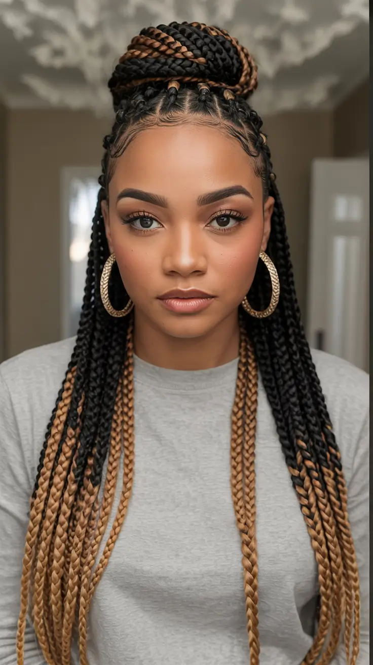 Fall braids hairstyle Top-Knotted Box Braids with Caramel Ombre