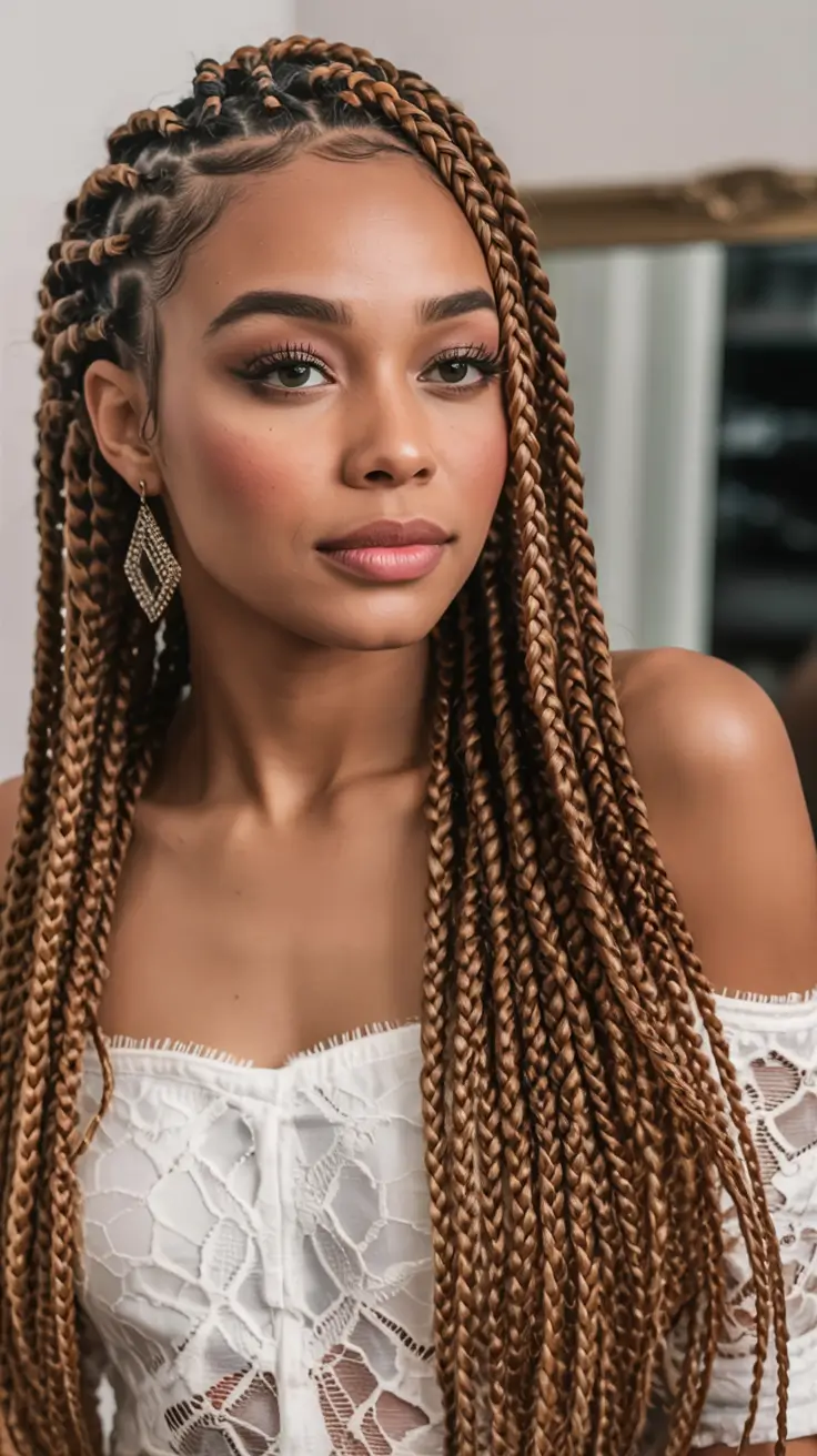 Fall braids hairstyle Warm Caramel Boho Knotless with Center Part