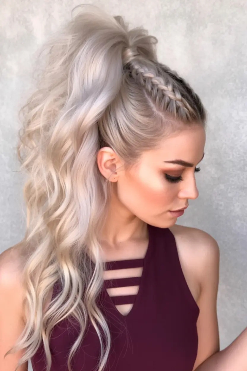 Fall braids hairstyle Voluminous High Ponytail with Braided Crown