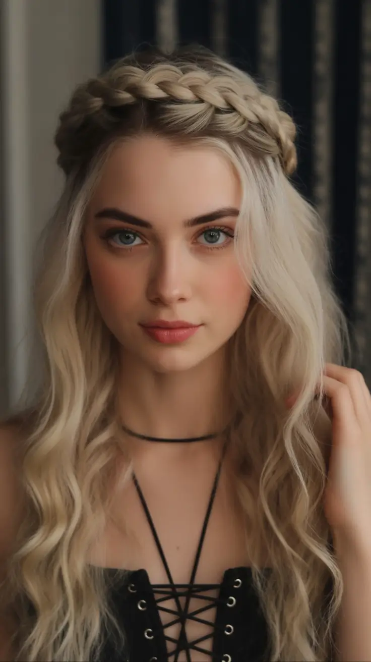 Fall braids hairstyle Halo Crown Braid with Soft Waves