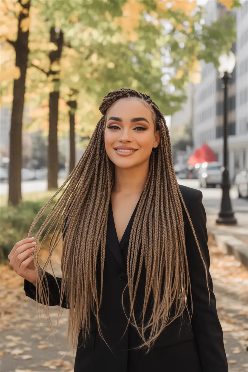 Fall braids hairstyle Center-Part Boho Knotless with Caramel Melt