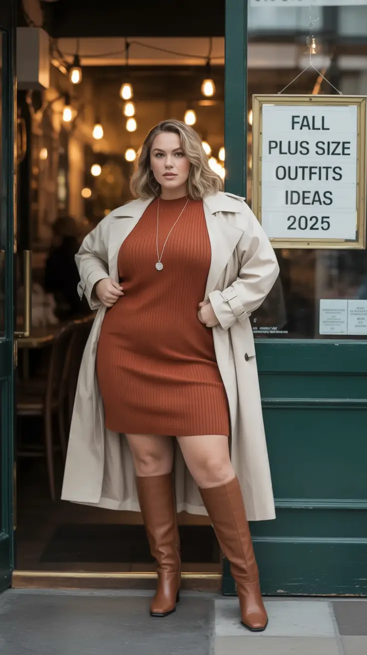 fall plus size capsule wardrobe Retro Spice: Ribbed Dress & Trench Energy