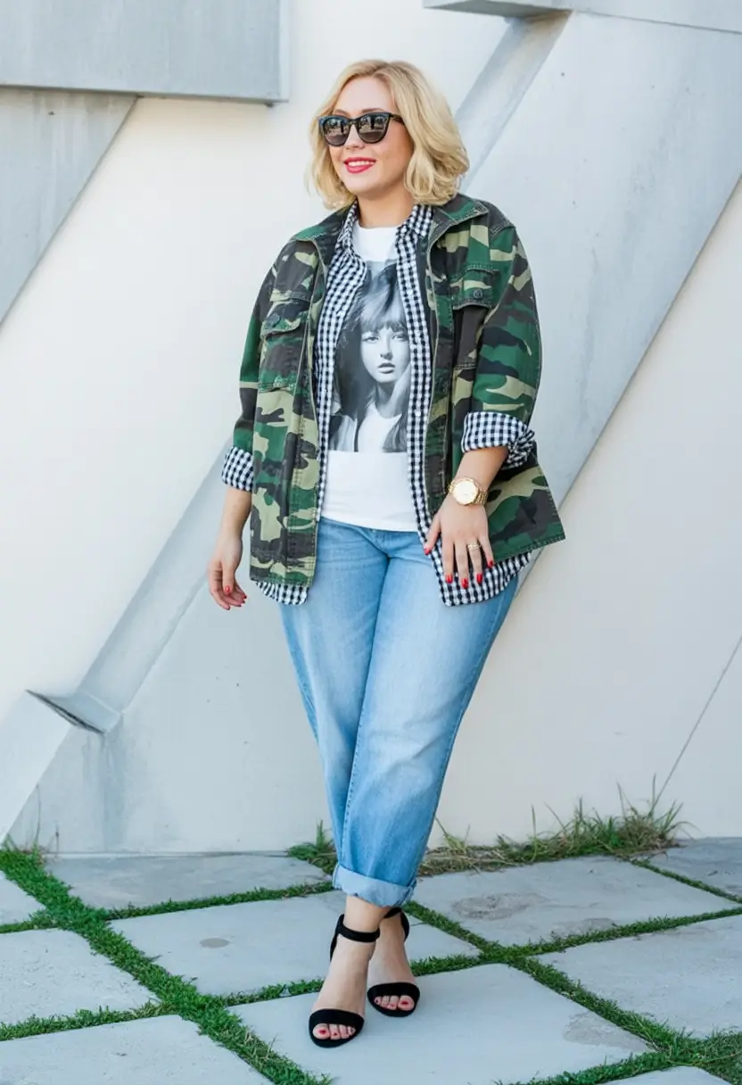 fall plus size capsule wardrobe Graphic Edge Meets Military Layers