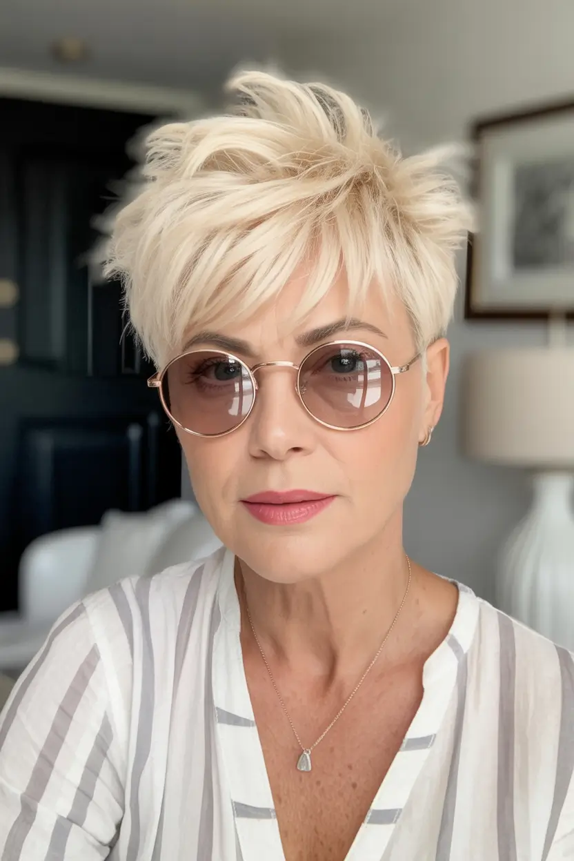 Fall hair color and hairstyles for women over 50 Feathered Platinum Pixie for the Fearless