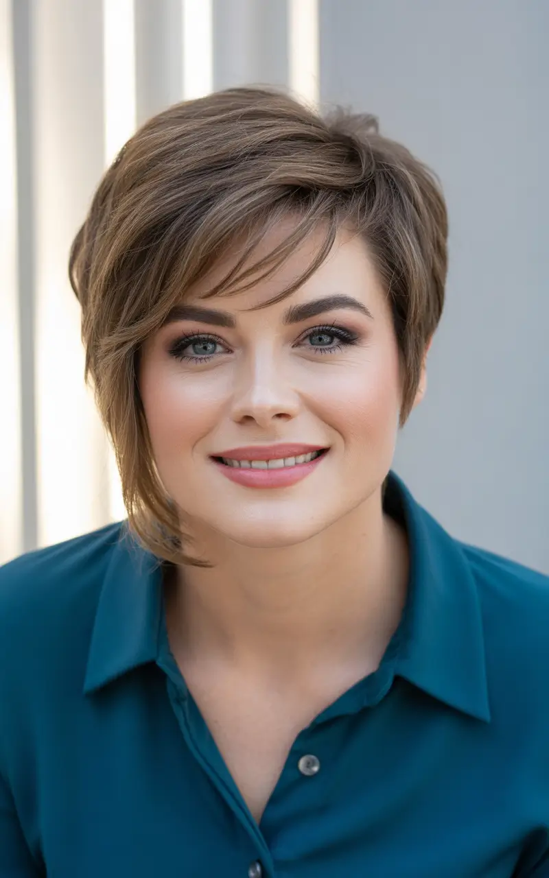 Fall hair color and hairstyles for women over 50 Polished Ash Brown Crop With Side Sweeping Bangs