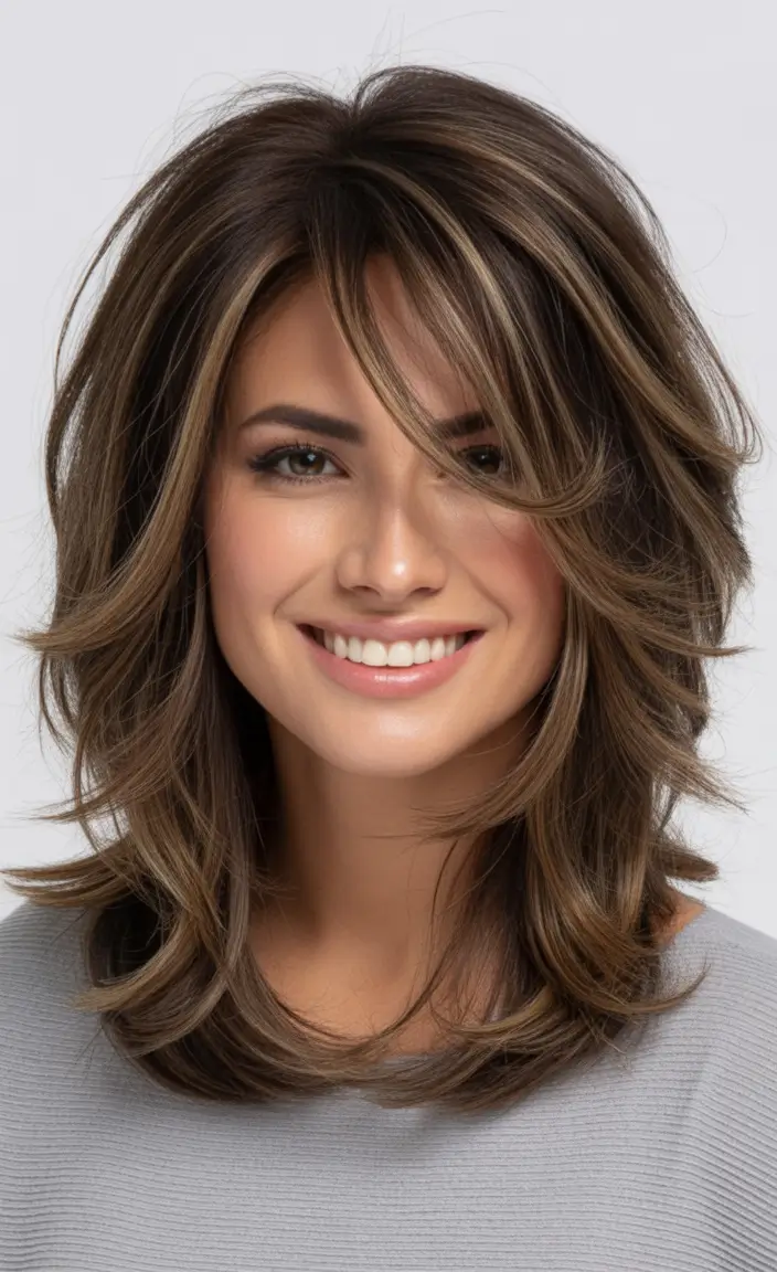 Fall hair color and hairstyles for women over 50 Multi-Dimensional Brown With Honey Highlights and Layers
