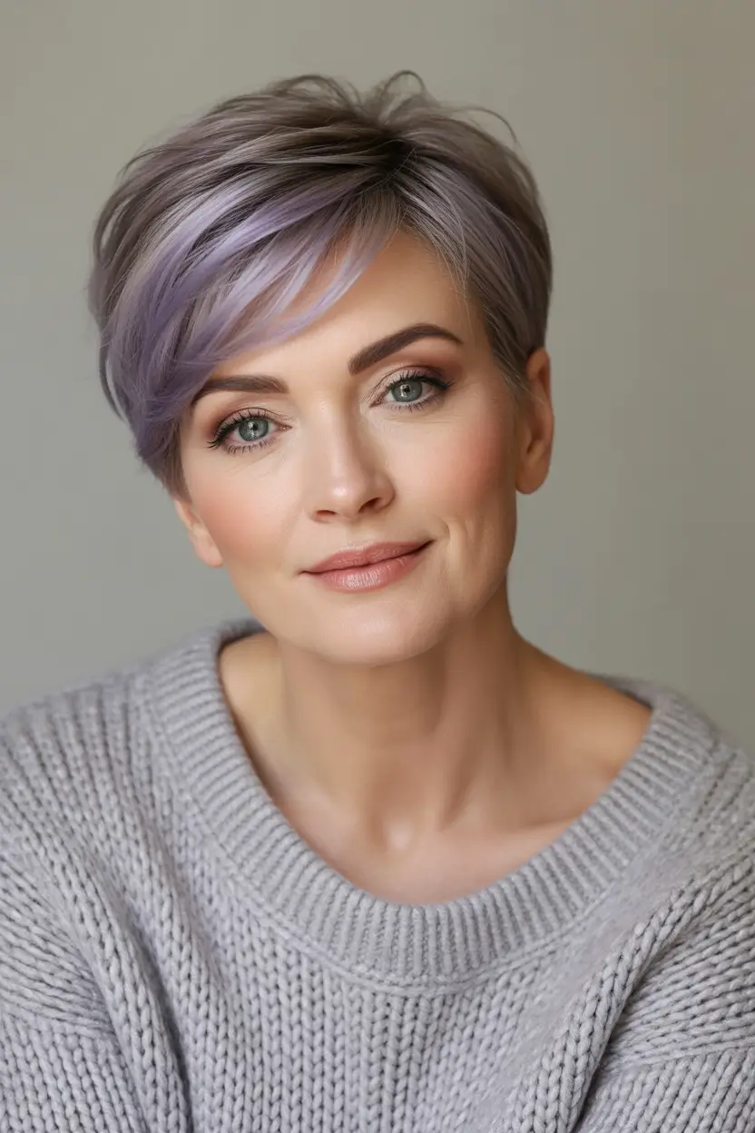 Fall hair color and hairstyles for women over 50 Smoky Lilac Pixie With Whispered Cool Tones