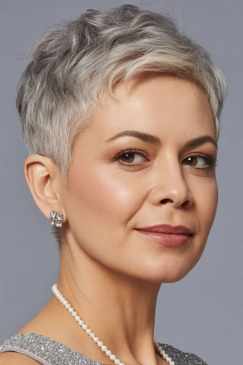 Fall hair color and hairstyles for women over 50 Frosted Gray Micro Pixie With Natural Texture