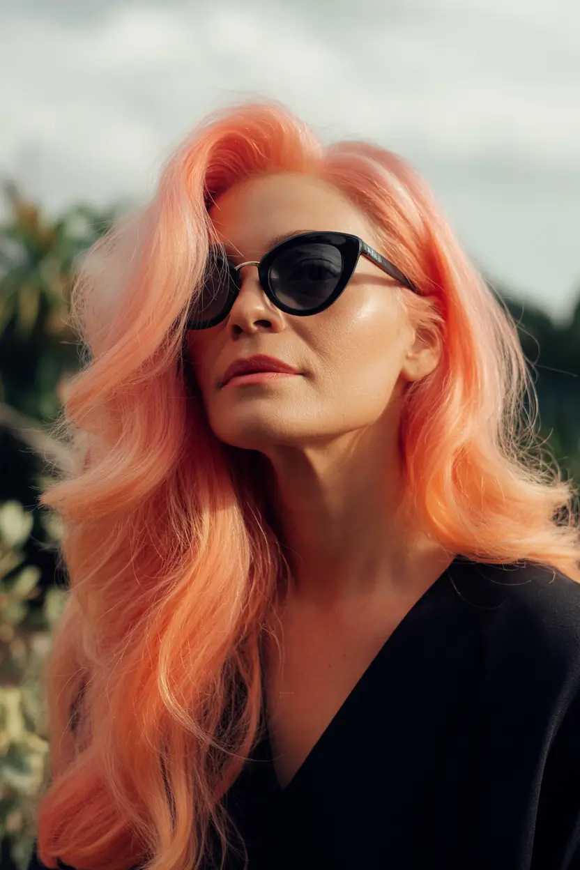 Fall hair color and hairstyles for women over 50 Sunset Peach Waves With Hollywood Drama