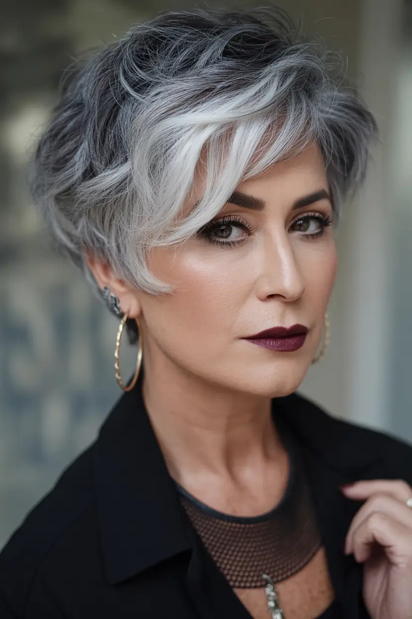 Fall hair color and hairstyles for women over 50 Textured Salt-and-Pepper Shag With Drama Bangs