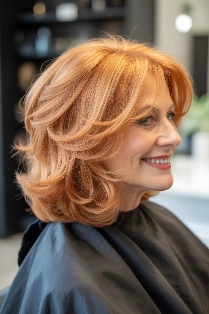 Fall hair color and hairstyles for women over 50 Warm Auburn Mid-Length Blowout With Feathered Layers