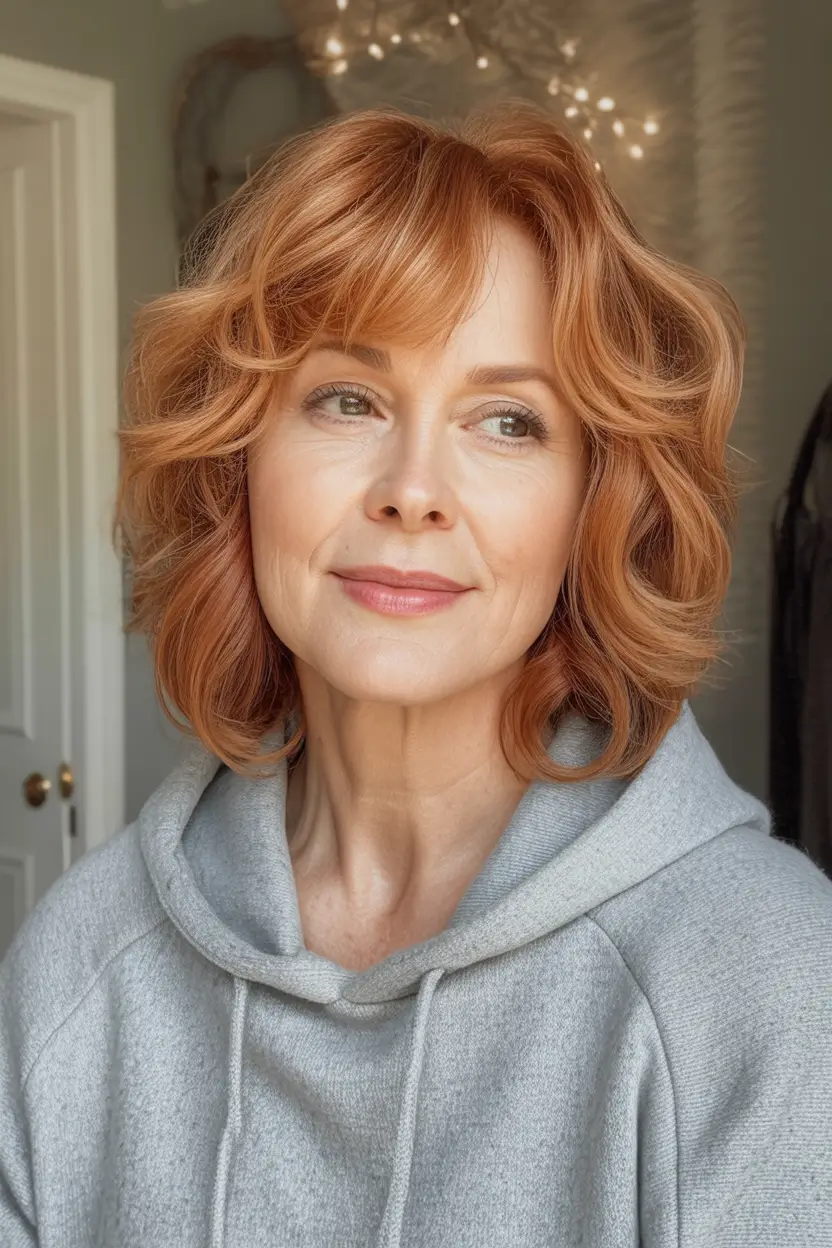 Fall hair color and hairstyles for women over 50 Golden Copper Curls With Soft Fringe