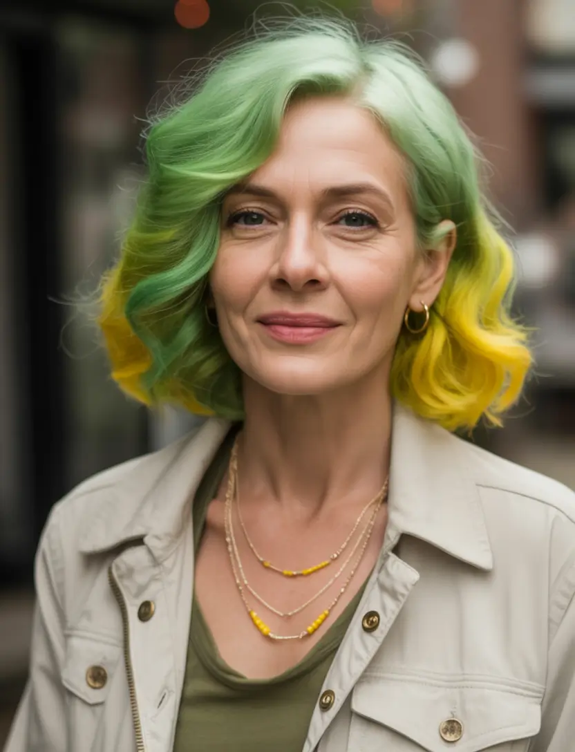 Fall hair color and hairstyles for women over 50 Two-Tone Green & Yellow for the Bold and Brilliant
