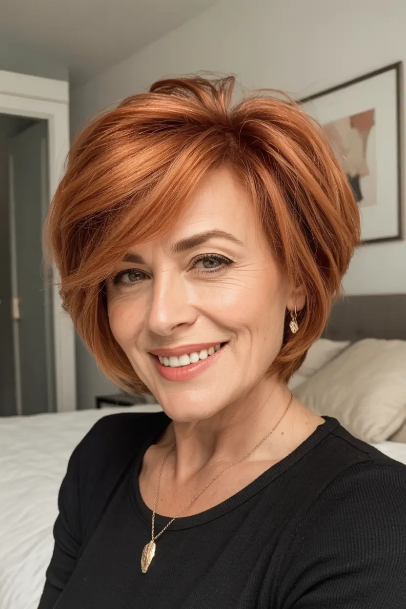 Fall hair color and hairstyles for women over 50 Glossy Spiced Copper Stacked Bob