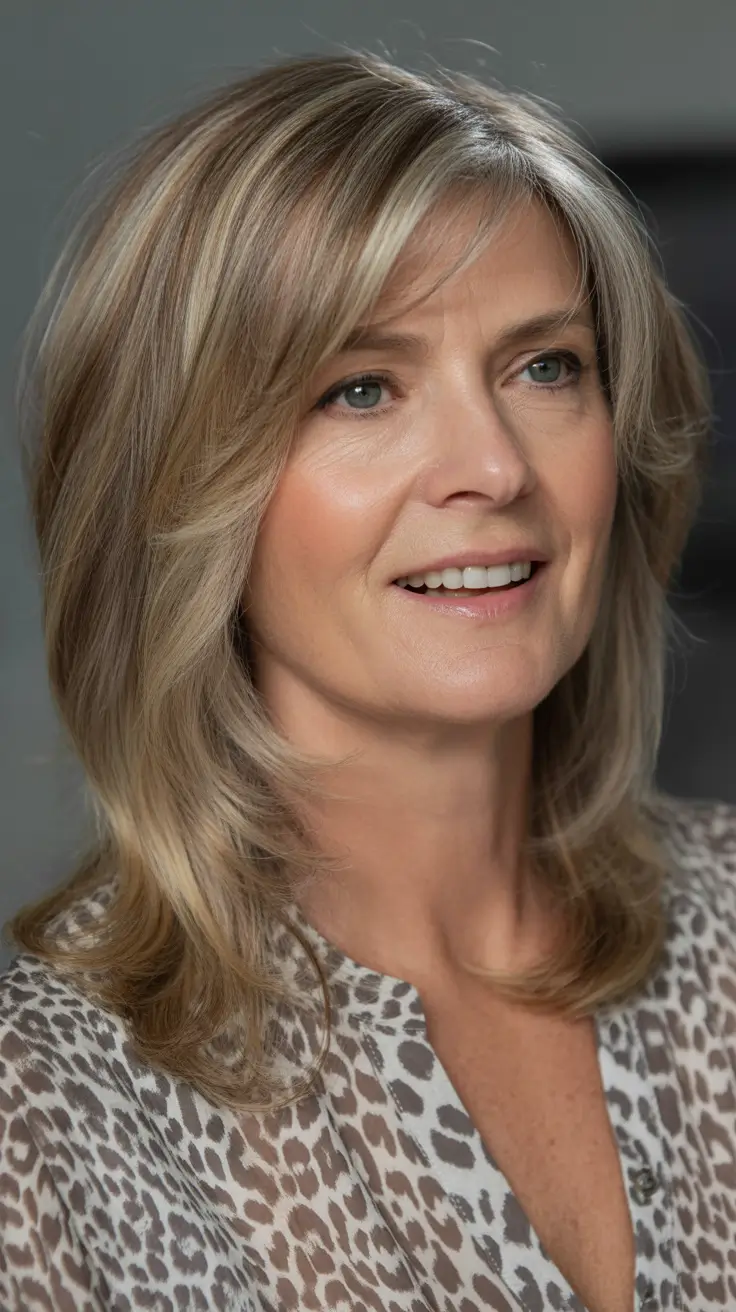 Fall hair color and hairstyles for women over 60 Soft Taupe Highlights on Layered Medium Lengths