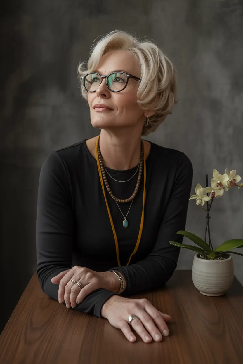 Fall hair color and hairstyles for women over 60 Creamy Blonde Crop with Curl Embrace