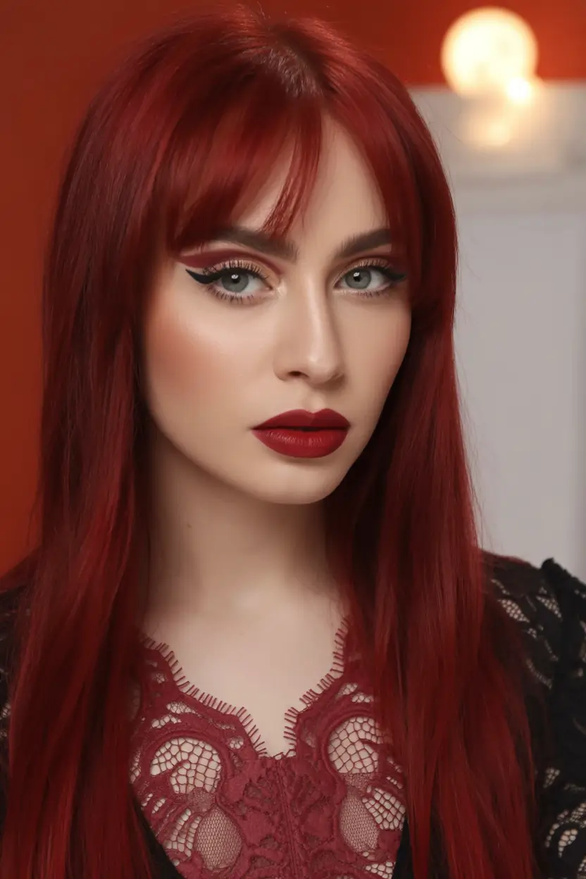 Fall hair color and hairstyles for women over 40+Deep Scarlet Elegance with Blunt Bangs