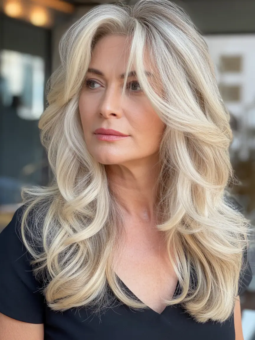 Fall hair color and hairstyles for women over 40+Layered Frosted Blonde with Natural Dimension