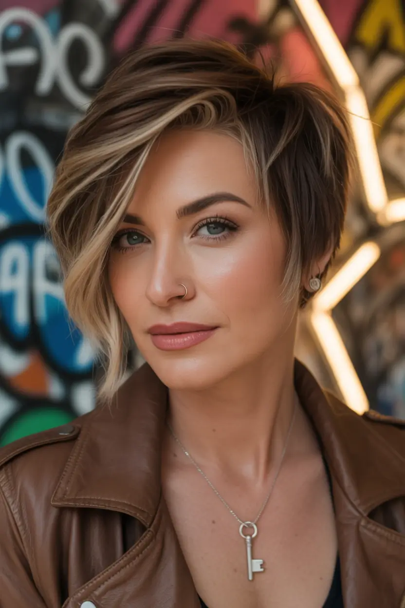 Fall hair color and hairstyles for women over 40+Caramel Latte Pixie with Bold Bang Sweep