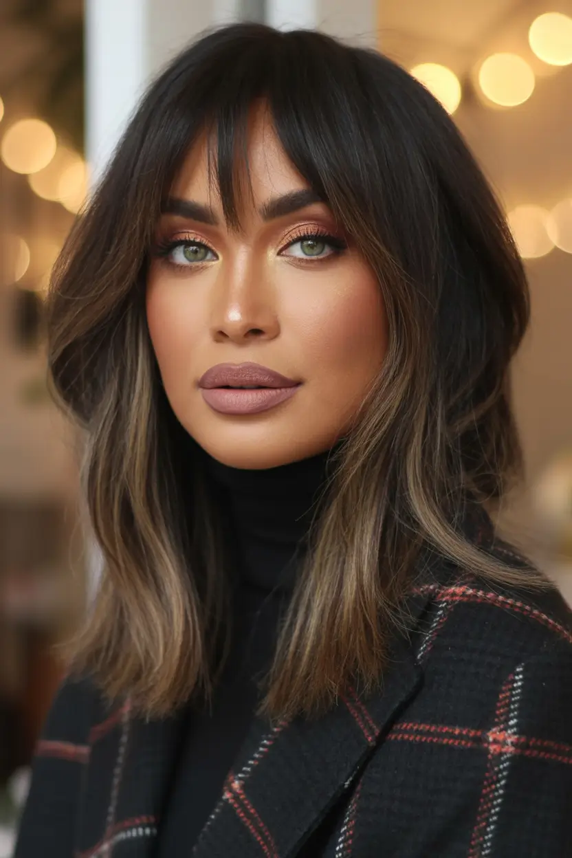 Fall hair color and hairstyles for women over 40+Espresso Balayage with Curtain Bangs