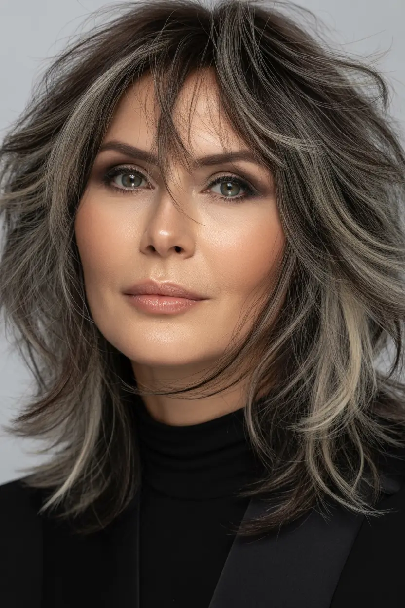 Fall hair color and hairstyles for women over 40+Textured Steel Brunette with Soft Edge Highlights