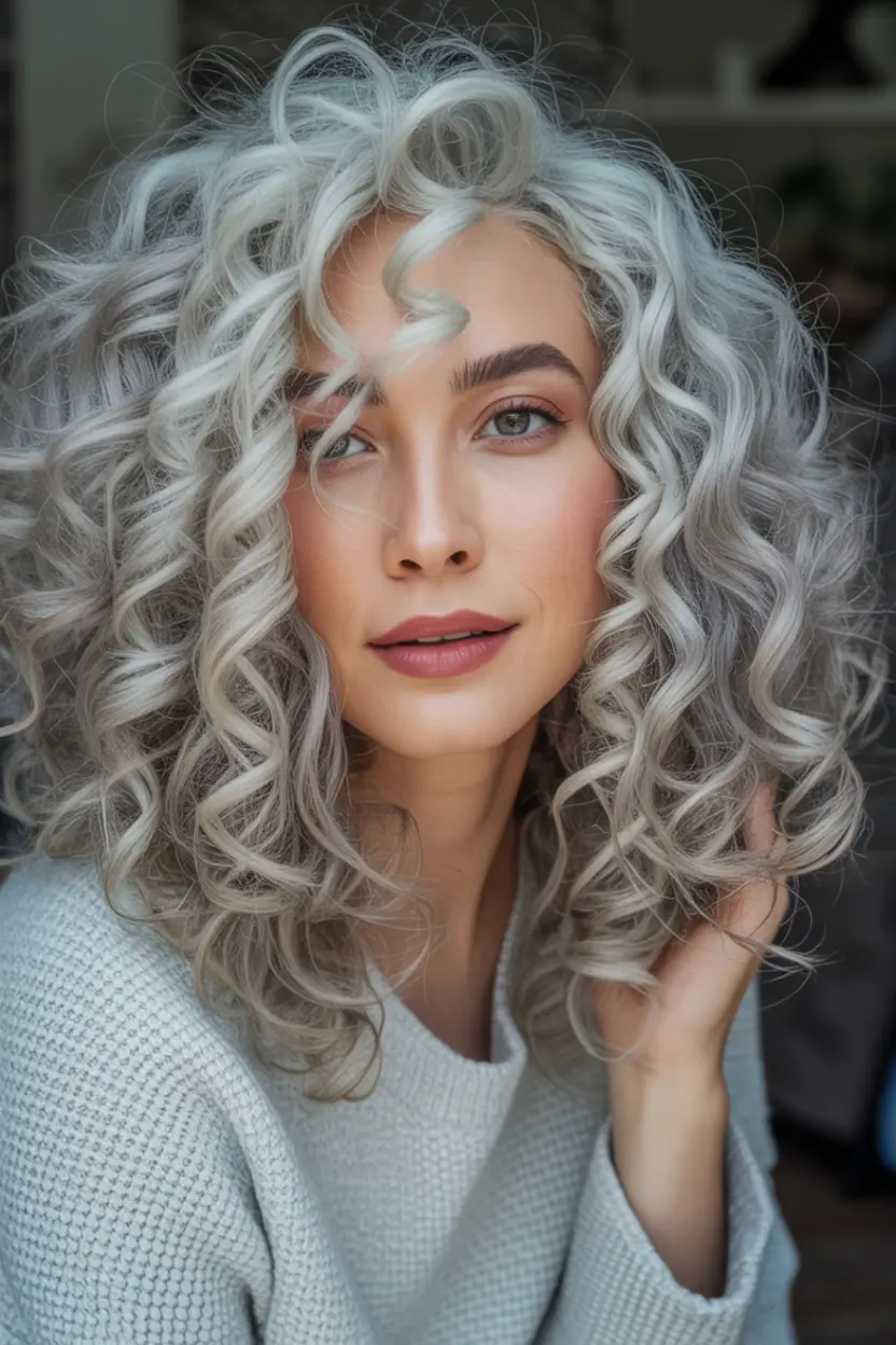 Fall hair color and hairstyles for women over 40+Curly Moonlit Silver with Dimensional Depth