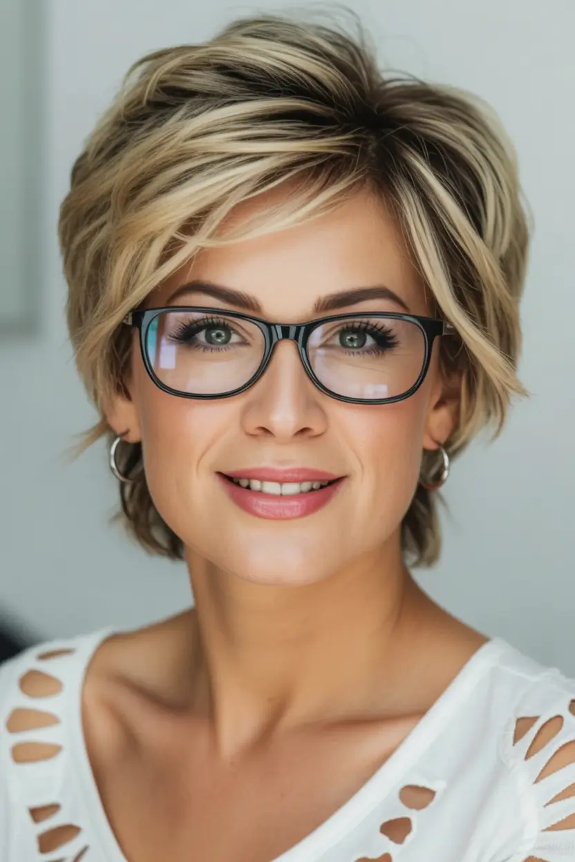 Fall hair color and hairstyles for women over 40+Layered Honey Pixie for Glass-Wearers