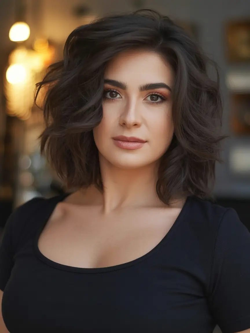 Fall hair color and hairstyles for women over 40+Soft Cocoa Tousled Lob with Face-Framing Volume