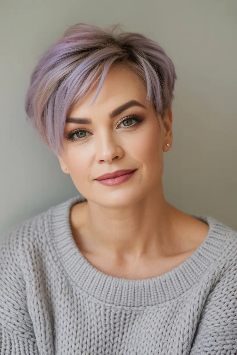 Fall hair color and hairstyles for women over 40+Soft Lilac Pixie with Smokey Roots