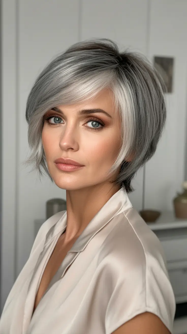 Fall hair color and hairstyles for women over 40+Silver Balayage Layers for Natural Elegance