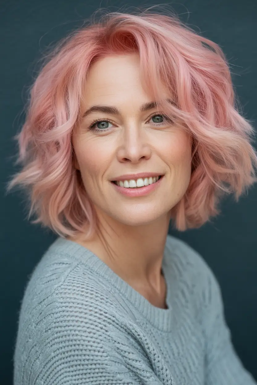 Fall hair color and hairstyles for women over 40+Peachy Rose Bob for a Cozy Fall Glow
