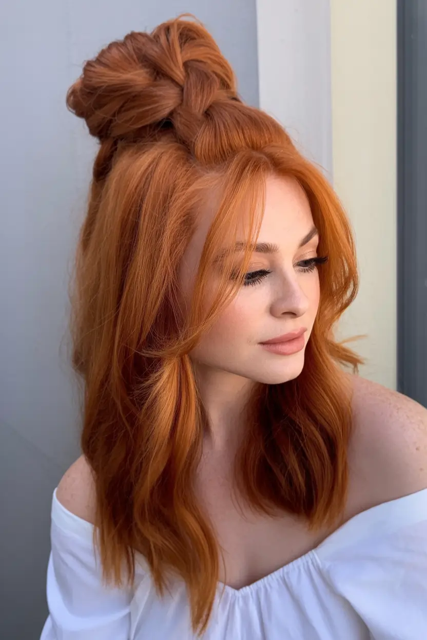 fall hairstyles and colors Braided Top Knot with Mid-Length Pumpkin Spice