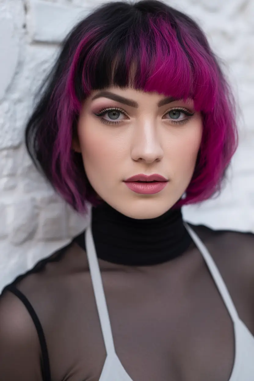 fall hairstyles and colors Fuchsia Bangs on a Short Blunt Cut