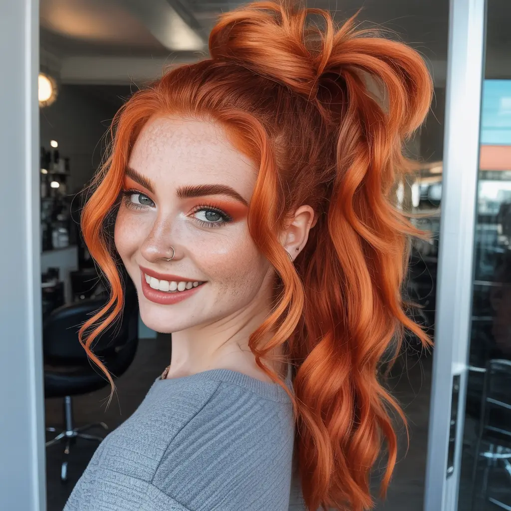 fall hairstyles and colors Bright Copper Half-Up with Loose Waves