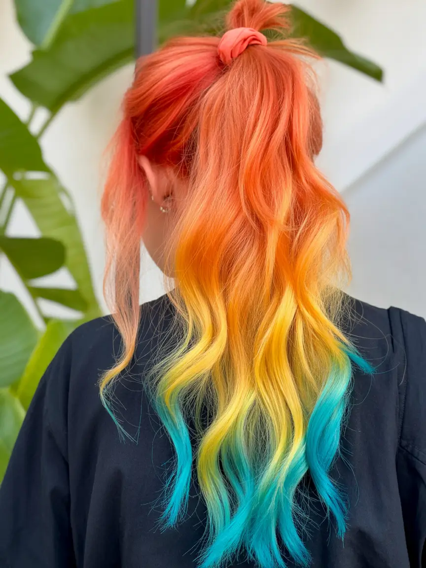 fall hairstyles and colors Sunset Melt with Aqua Tips