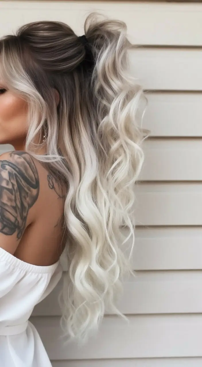 fall hairstyles and colors Smoky Silver Balayage with Voluminous Curls