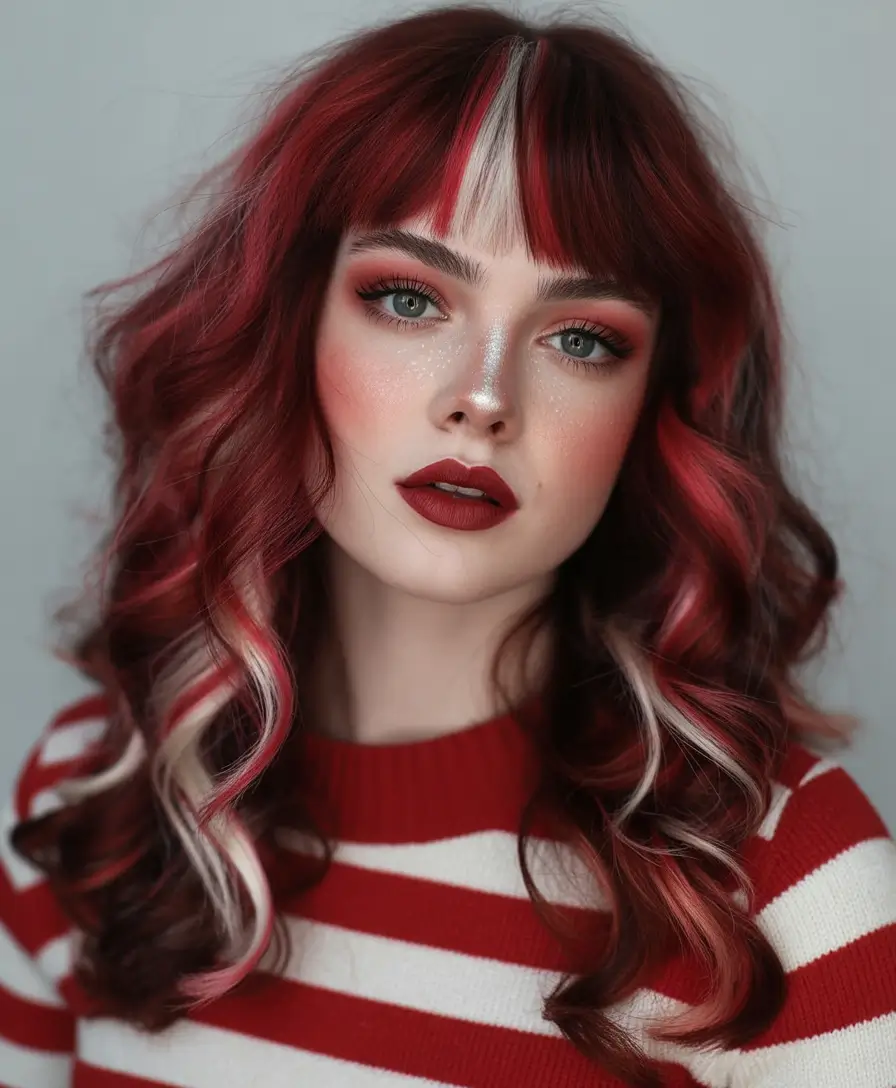 fall hairstyles and colors Crimson Curls with Candy Cane Streaks
