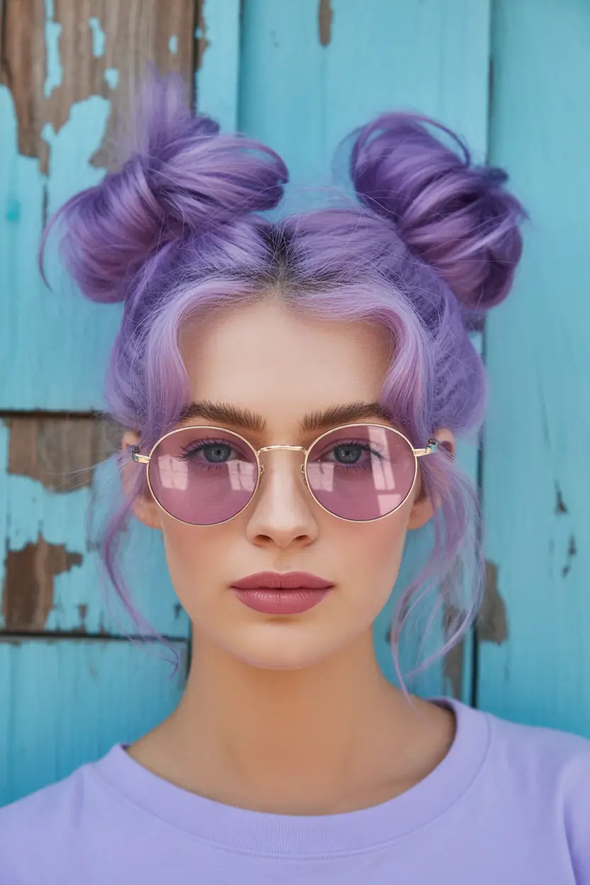 fall hairstyles and colors Lilac Space Buns with Loose Waves